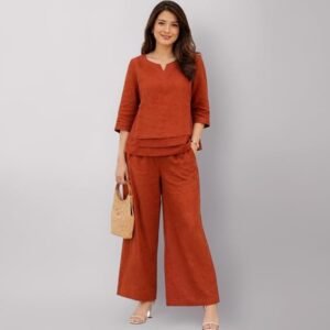Women's Cotton Slub Co-ord Set | Solid Top & Wide Leg Pant Set