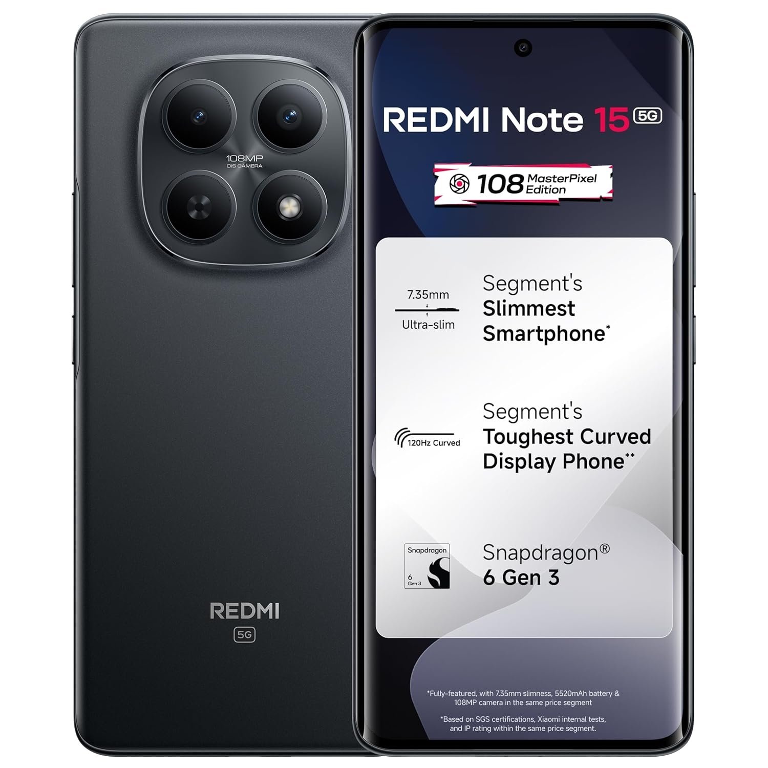 REDMI Note 15 5G (Black, 8GB RAM 128GB Storage) | 108MP OIS Camera | Snapdragon 6 Gen 3 | 17.2cm Tough Curved AMOLED Screen | Slimmest Phone in the Segment | 5520mAh Si/C Battery | 45W Fast Charging